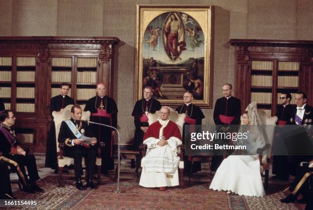 Pope Paul VI with King Juan Carlos and Queen Sofia of Spain at the Vatican, February 10th 1977.