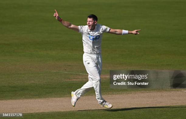 Durham bowler Matthew Potts celebrates after taking the wicket of Tom Clark during Day three of the LV= Insurance County Championship Division 2...