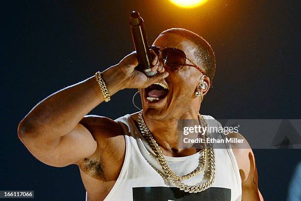 Rapper Nelly performs onstage during Tim McGraw's Superstar Summer Night presented by the Academy of Country Music at the MGM Grand Garden Arena on...