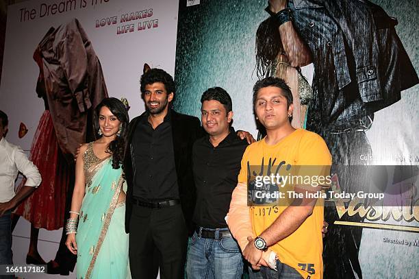 Shraddha Kapoor, Aditya Kapur, Mohit Suri and Bhushan Kumar at the music launch of the film Aashiqui 2 in Mumbai on 8th April 2013.