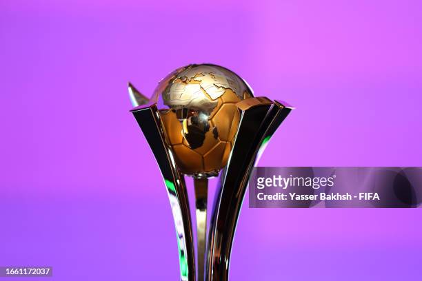 General view of the FIFA Club World Cup trophy during the FIFA Club World Cup Draw at Park Hyatt Jeddah on September 05, 2023 in Jeddah, Saudi Arabia.