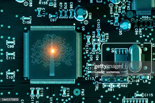artificial intelligence tree computer chip concept on circuit board - binary tree stock pictures, royalty-free photos & images
