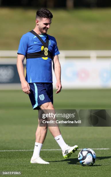 Declan Rice of England controls the ball during a training session at St Georges Park on September 05, 2023 in Burton-upon-Trent, England.