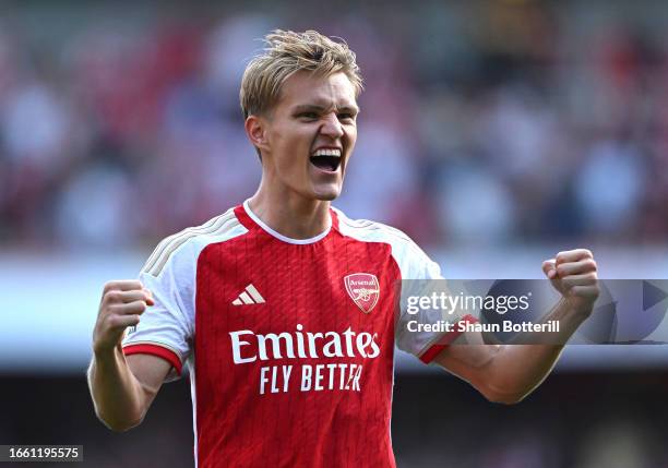 Martin Odegaard of Arsenal celebrates after the Premier League match between Arsenal FC and Manchester United at Emirates Stadium on September 03,...