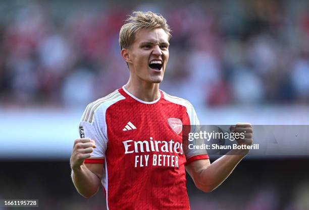 Martin Odegaard of Arsenal celebrates after the Premier League match between Arsenal FC and Manchester United at Emirates Stadium on September 03,...