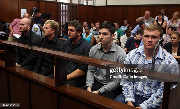 The five accused in the Durban Magistrate court for their bail application on April 8, 2013 in Durban, South Africa. All have been charged with the...