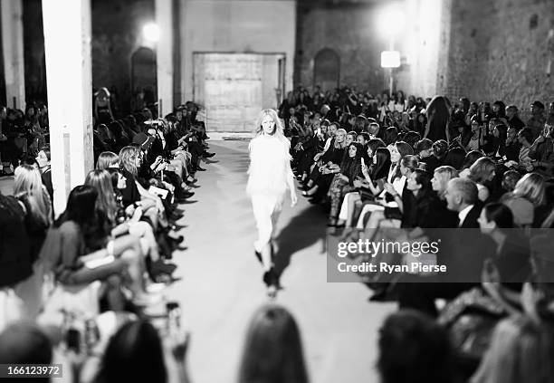 Model showcases designs on the runway at the Ellery show during Mercedes-Benz Fashion Week Australia Spring/Summer 2013/14 on April 9, 2013 in...