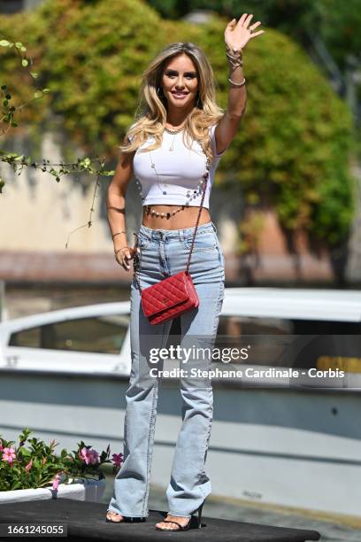 Michela Persico arrives at the Hotel Excelsior pier for the 80th Venice International Film Festival 2023 on September 05, 2023 in Venice, Italy.