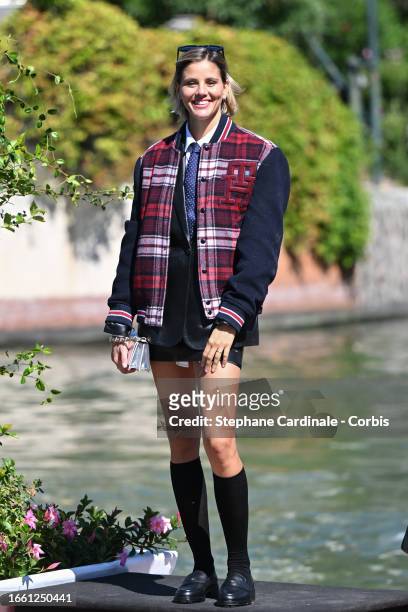 Arianna Montefiori arrives at the Hotel Excelsior pier for the 80th Venice International Film Festival 2023 on September 05, 2023 in Venice, Italy.