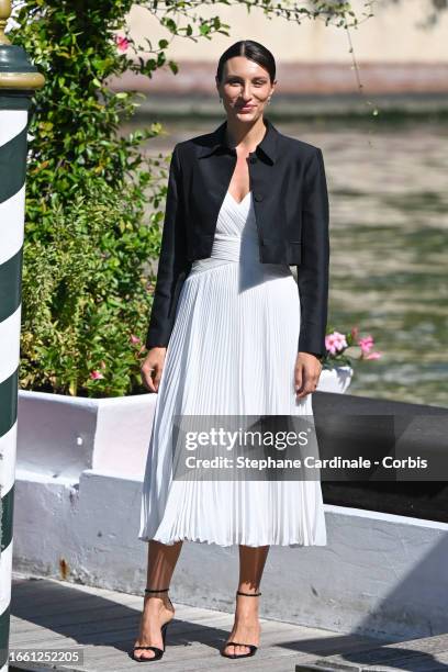 Carlotta Rubaltelli arrives at the Hotel Excelsior pier for the 80th Venice International Film Festival 2023 on September 05, 2023 in Venice, Italy.