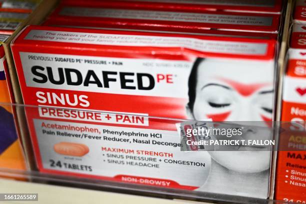 Box of Sudafed PE sinus pressure and pain medicine containing phenylephrine is displayed for sale in a CVS Pharmacy store in Hawthorne, California on...