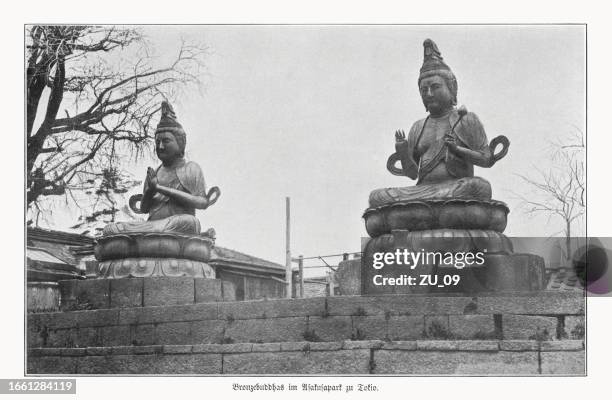 stockillustraties, clipart, cartoons en iconen met bronze statues at sensō-ji temple, tokyo, japan, halftone print, 1900 - tempel in asakusa