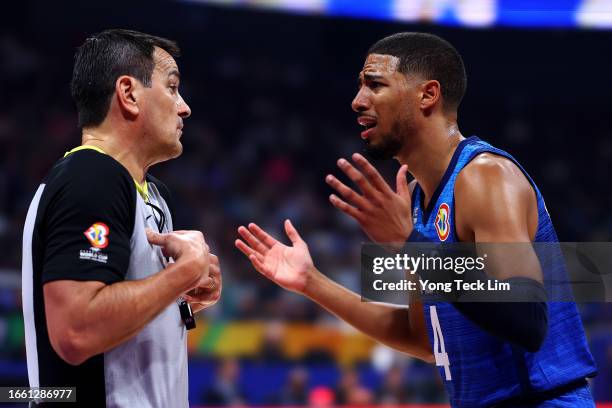 Tyrese Haliburton of the United States argues a call with the referee in the first quarter during the FIBA Basketball World Cup quarterfinal game...