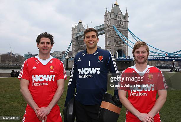 Simon Mantell , George Pinner and Ashley Jackson during NOW:Pensions England Hockey Photo Shoot at Potters Field on April 3, 2013 in London, England.