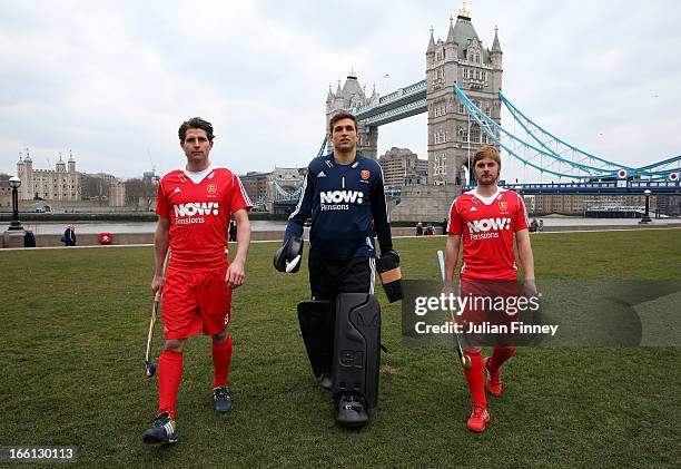 Simon Mantell , George Pinner and Ashley Jackson during NOW:Pensions England Hockey Photo Shoot at Potters Field on April 3, 2013 in London, England.