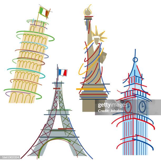 ilustraciones, imágenes clip art, dibujos animados e iconos de stock de iconos dinámicos de viaje de varios destinos internacionales - statue of liberty cartoon