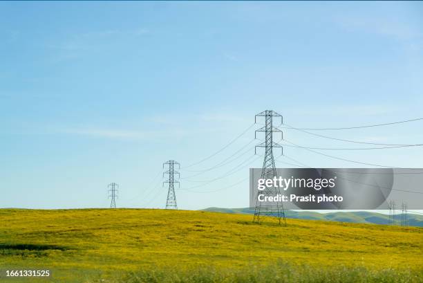 high tension lines through rolling hills near san francisco, usa. - torn byggnadskonstruktion bildbanksfoton och bilder