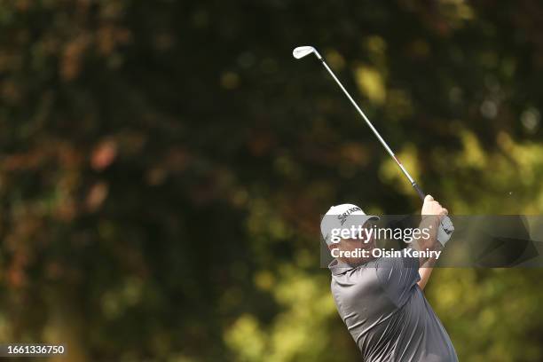 Shane Lowry of Ireland plays a shot in the Pro-Am prior to the Horizon Irish Open at The K Club on September 05, 2023 in Straffan, Ireland.