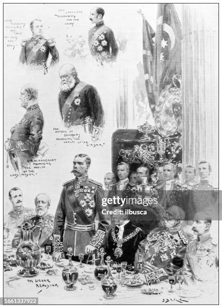 ilustrações, clipart, desenhos animados e ícones de imagem antiga da revista britânica: banquete para lord kitchener no guildhall, dover - gladíolo