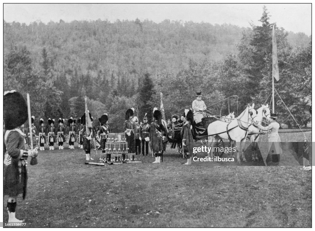 Antique image from British magazine: Queen Victoria with Cameron Highlanders, Balmoral