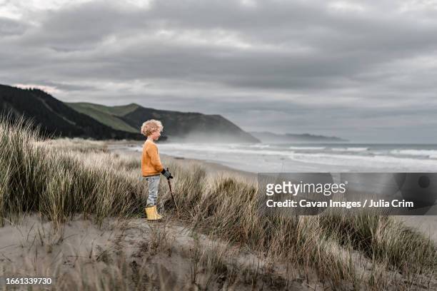 blond curly haired boy watching ocean on cloudy day in new zealand - new zealand yellow stock pictures, royalty-free photos & images