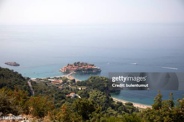 landscape of sveti stefan, montenegro - sveti stefan stock pictures, royalty-free photos & images