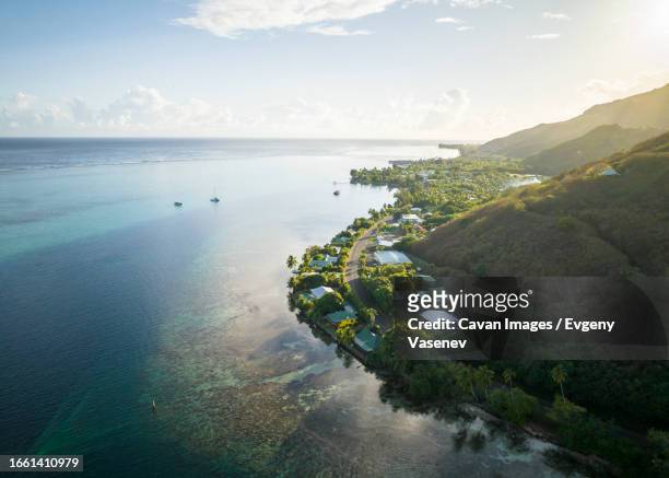 small village on the coast of moorea in the morning - moorea stock pictures, royalty-free photos & images