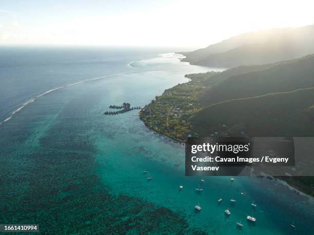 sailing boats near the moorea shore in the morning - moorea photos et images de collection