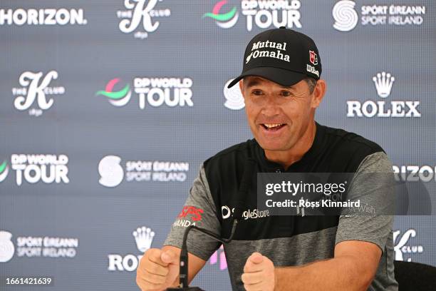 Padraig Harrington of Ireland speaks in a press conference prior to the Horizon Irish Open at The K Club on September 05, 2023 in Straffan, Ireland.