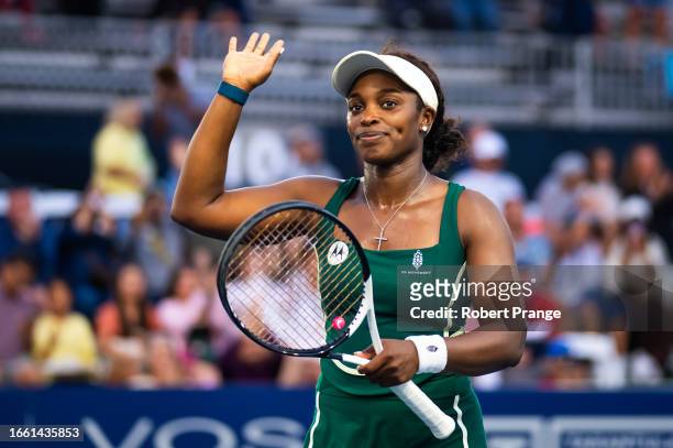 Sloane Stephens of the United States celebrates defeating Elise Mertens of Belgium in the first round on Day 2 of the Cymbiotika San Diego Open at...