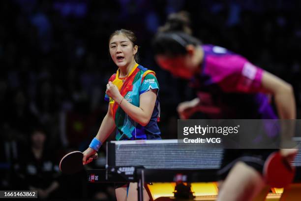 Chen Meng of Team China reacts against Jeon Ji-hee of Team South Korea in the Women's Teams final match on day 3 of 2023 Pyeongchang Asian Table...