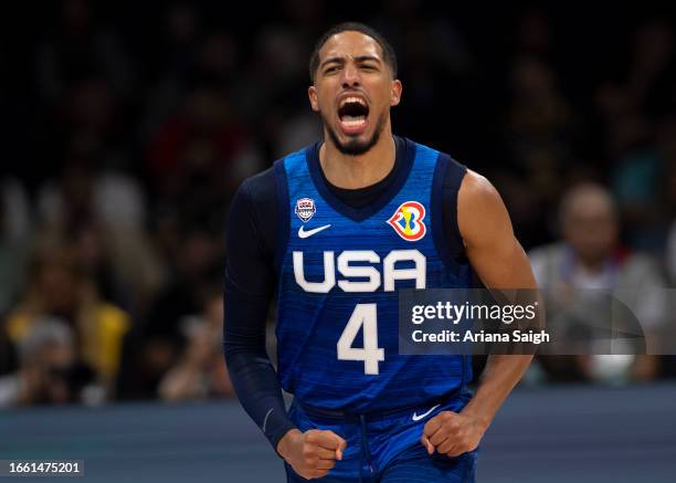 Tyrese Haliburton of U.S. Celebrates during the FIBA Basketball World Cup quarter-final game between Italy and U.S. At Mall of Asia Arena on...