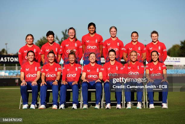 Players of England pose for a team photograph prior to a training session at The Incora County Ground on September 04, 2023 in Derby, England.