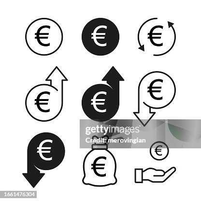 Euro currency increase, decrease, savigs and investings icon set, euro money rate growth Euro currency increase, decrease, savigs and investings icon set, euro money rate growth