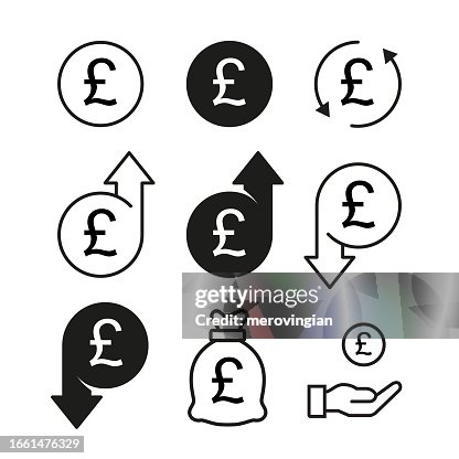 Pound sterling currency increase, decrease, savigs and investings icon set, GBP money rate growth Pound sterling currency increase, decrease, savigs and investings icon set, GBP money rate growth