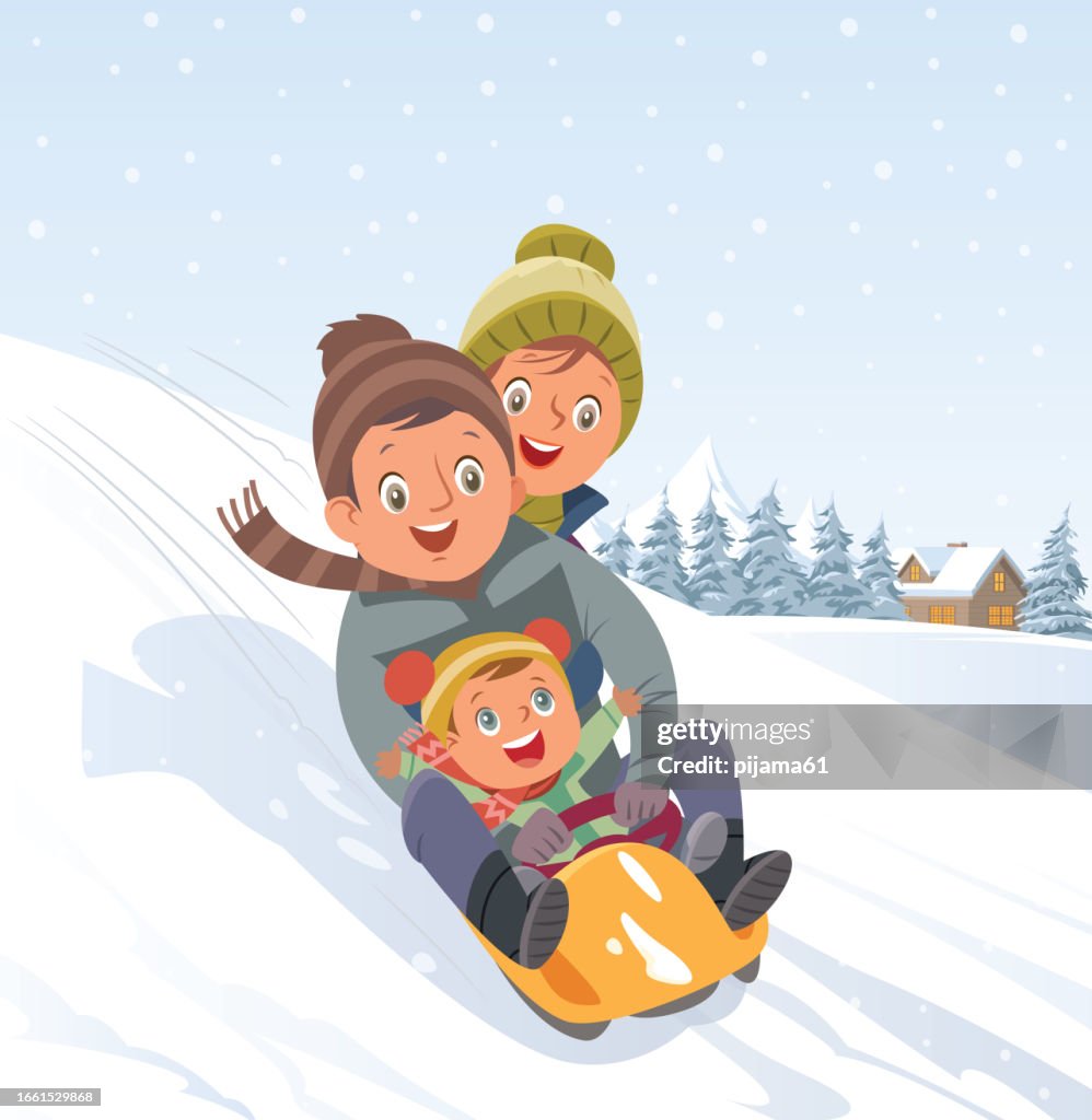 Family Sledging Through Snowy Woodland High-Res Vector Graphic - Getty ...