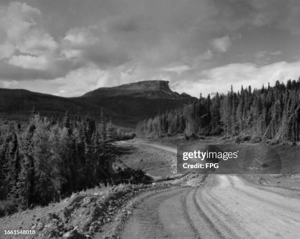 Steamboat Mountain on the Alaska Highway in British Columbia, Canada, circa 1945. The view is taken halfway along the route to Whitehorse.