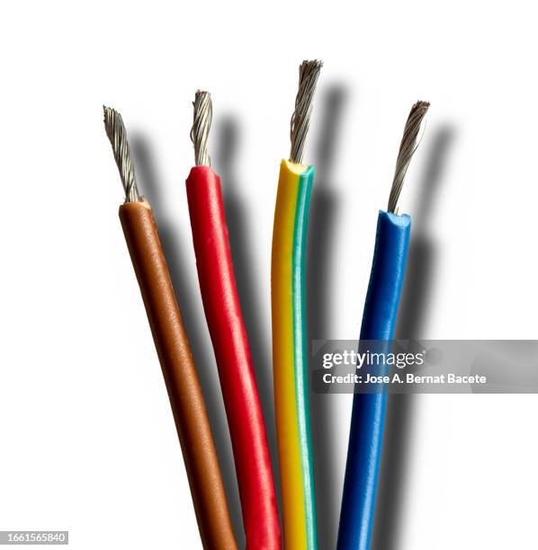 stripped copper electrical power cables wire on white background with a small shadow. - cable installer stock pictures, royalty-free photos & images