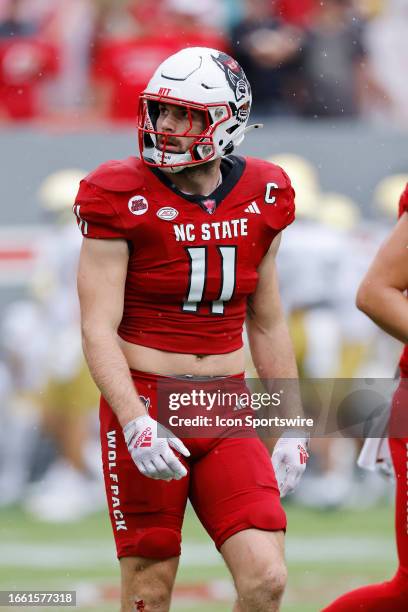 North Carolina State Wolfpack linebacker Payton Wilson looks on during a college football game against the Notre Dame Fighting Irish on September 09,...