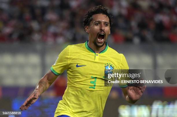 Brazil's defender Marquinhos celebrates after scoring a goal during the 2026 FIFA World Cup South American qualifiers football match between Peru and...