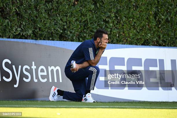 Gianluigi Buffon of Italy warms up during an Italy Training Session at Centro Tecnico Federale di Coverciano on September 05, 2023 in Florence, Italy.