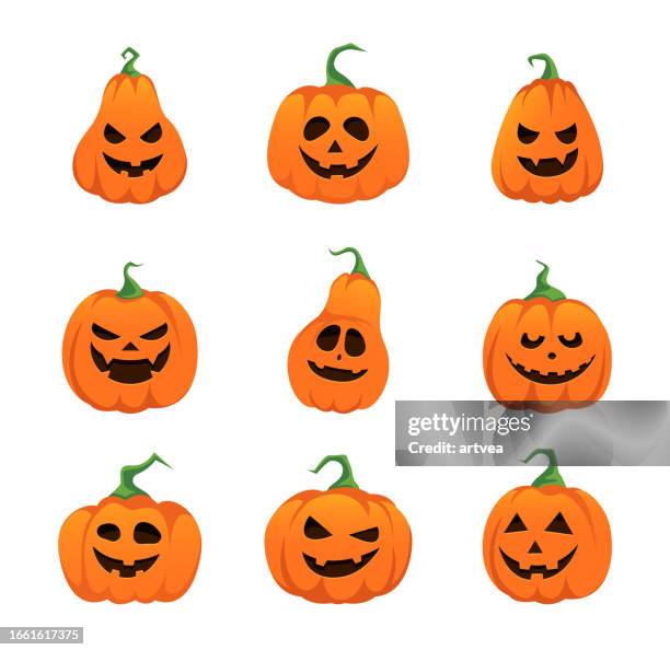 halloween kürbisse verschiedene gesichter set - halloweenlaterne stock-grafiken, -clipart, -cartoons und -symbole