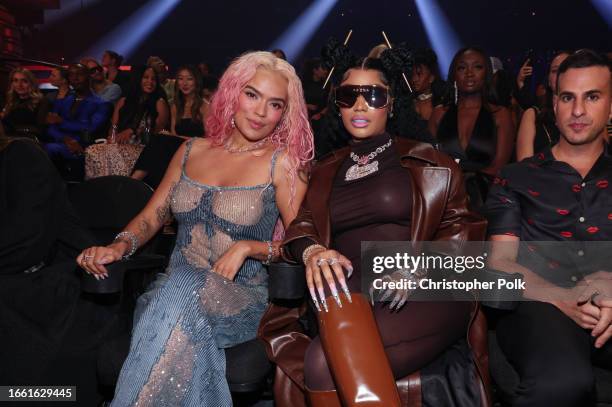 Karol G and Nicki Minaj at the 2023 MTV Video Music Awards held at Prudential Center on September 12, 2023 in Newark, New Jersey.