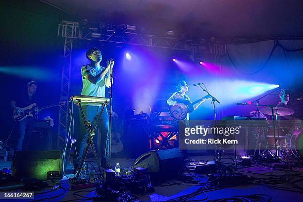 Musicians Chris Taylor, Ed Droste, Daniel Rossen, and Christopher Bear of Grizzly Bear perform in concert at Stubb's Bar-B-Q on April 8, 2013 in...