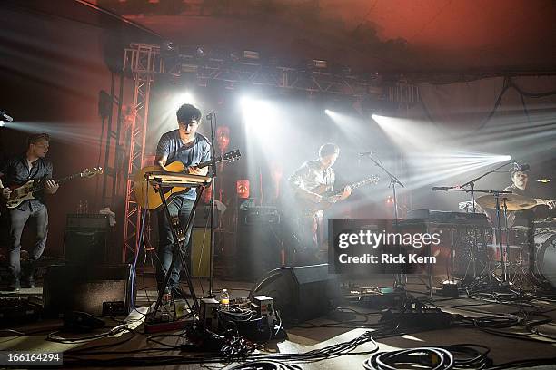 Musicians Chris Taylor, Ed Droste, Daniel Rossen, and Christopher Bear of Grizzly Bear perform in concert at Stubb's Bar-B-Q on April 8, 2013 in...