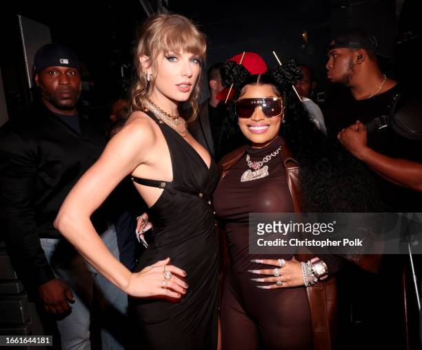 Taylor Swift and Nicki Minaj at the 2023 MTV Video Music Awards held at Prudential Center on September 12, 2023 in Newark, New Jersey.