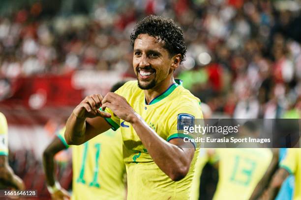 Marcos Correa of Brazil celebrates his goal during the FIFA World Cup 2026 Qualifiers at Estadio Nacional de Lima on September 12, 2023 in Lima, Peru.