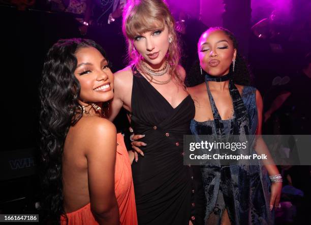 Halle Bailey, Taylor Swift and Chloe Bailey at the 2023 MTV Video Music Awards held at Prudential Center on September 12, 2023 in Newark, New Jersey.