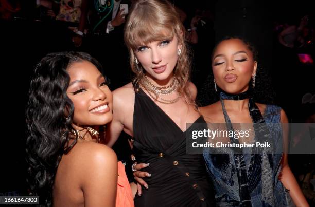 Halle Bailey, Taylor Swift and Chloe Bailey at the 2023 MTV Video Music Awards held at Prudential Center on September 12, 2023 in Newark, New Jersey.