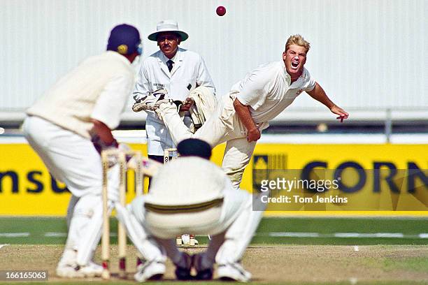 Shane Warne of Australia bowling during the 3rd Ashes Test Match against England at Old Trafford cricket ground on July 4 1997 in Manchester . An...